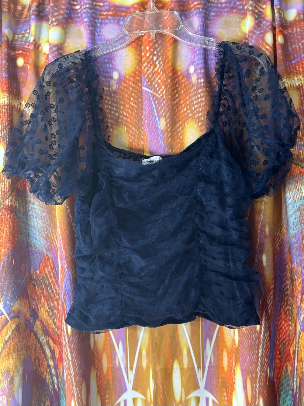 elegant blue sheer crop blouse with puff sleeves 🦋✨